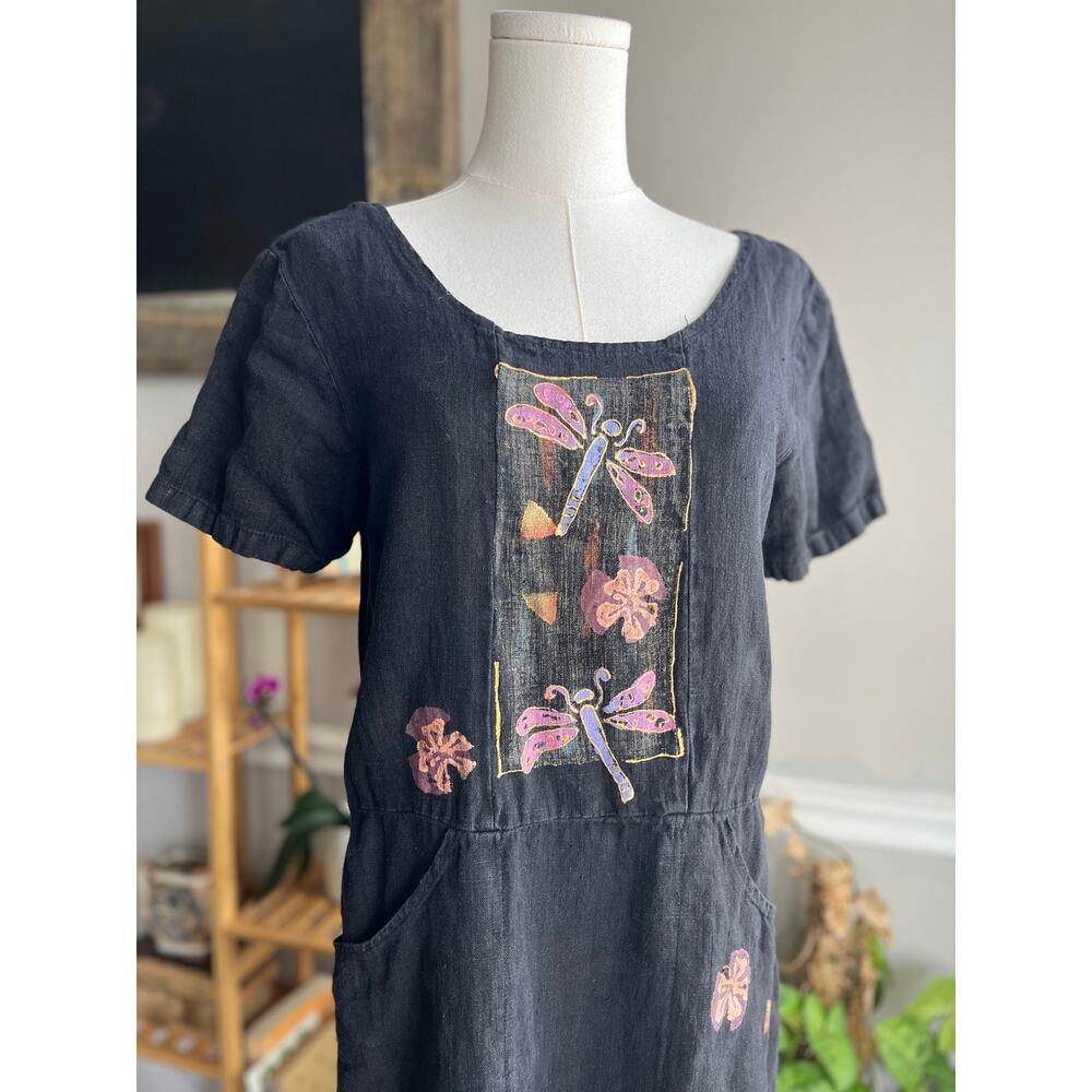 Vintage 90s Linen Maxi Dress Black Dragonfly Painted Art to Wear Size Small